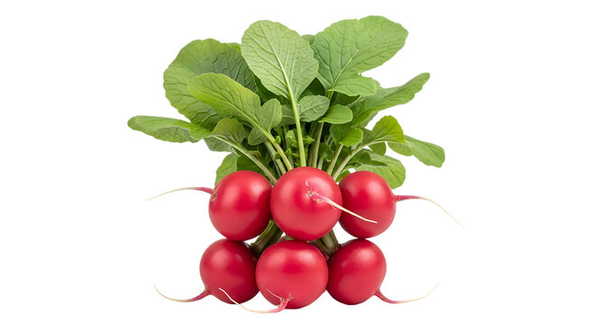 Bunch of Fresh Red Radishes, Green Leaves vegetable root vegetable, isolated on white or transparent background, AI - Powered by Adobe