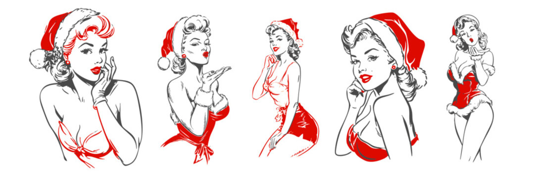 Vintage Christmas pin-up girl illustrations in red festive outfits &mdash; retro holiday art collection