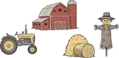 Doodle set of traditional farm items barn, tractor, haystack, and scarecrow, rustic sketch vector