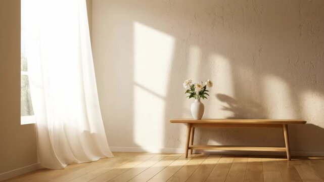 Interior with sunlight streaming through window with blowing curtain