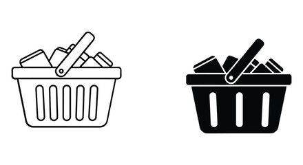 Shopping basket icon with goods, outline and glyph styles. retail purchase cart filled with products vector symbol. © NorStock