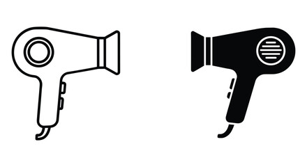 Hair dryer outline and solid vector icons representing modern styling, beauty, and personal grooming appliances