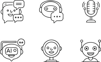 AI communication icons, chatbot, robot assistant, microphone, voice interface, speech bubble, artificial intelligence tools, vector set illustration