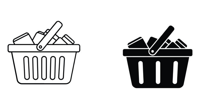 Shopping basket icon with goods, outline and glyph styles. retail purchase cart filled with products vector symbol.