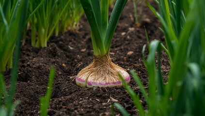 Obraz premium Bulbous Form Emerging from Earth, Verdant Leaves Reach Towards the Ambient Light.