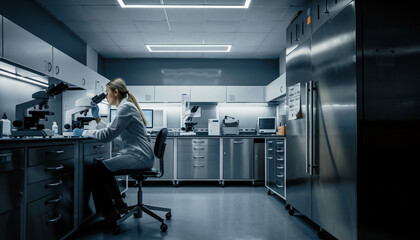 Researcher examining sample through microscope in sterile laboratory interior