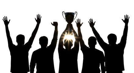 Silhouetted group of five people, celebrating holding a trophy aloft with arms raised, cutout, PNG isolated on white or transparent background
