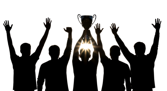 Silhouetted group of five people, celebrating holding a trophy aloft with arms raised, cutout, PNG isolated on white or transparent background - Powered by Adobe