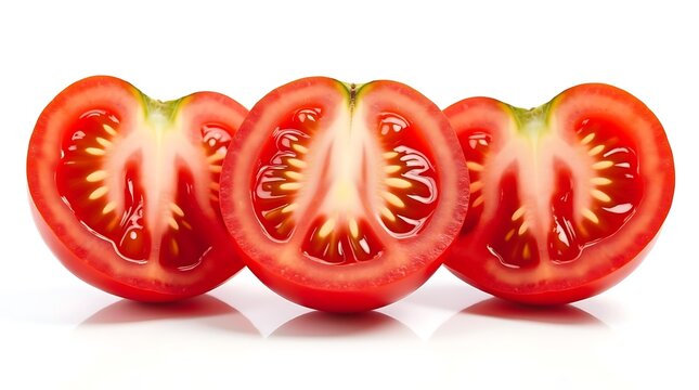 Three tomato halves show their juicy insides