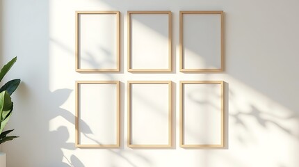 Six empty frames on a white wall with plant shadow, mockup concept