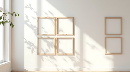 Four empty frames on a white wall with plant shadow, mockup concept