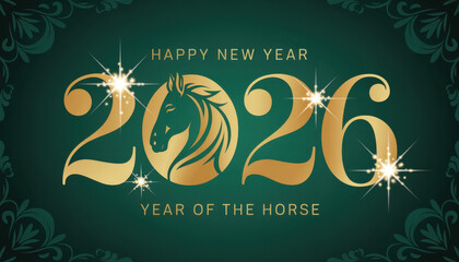 Happy new year 2026 text clipart design. Year of the horse new year greeting in gold text, calligraphy and typography clip art in green background vector illustration