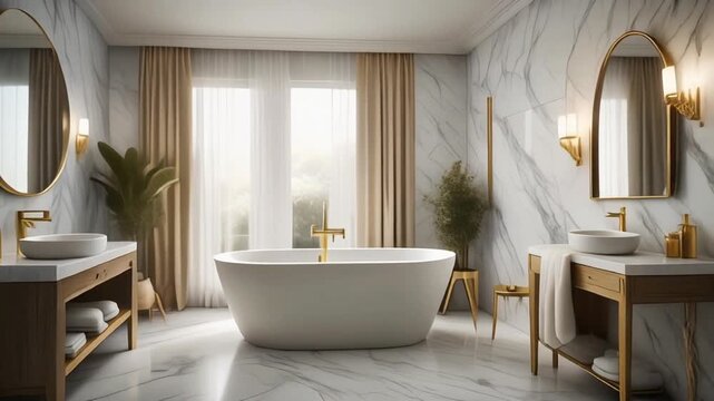 Elegant luxury bathroom with marble walls, golden details, and a freestanding bathtub in soft light.