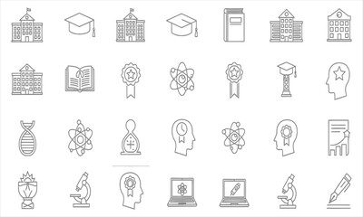 Educational and scientific line icons set. Vector collection of academic, research, and knowledge symbols. Perfect for digital design, school projects, and learning applications