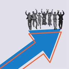 Fototapeta premium Corporate teamwork celebrating achievement with arrow and growth target in abstract business graphic