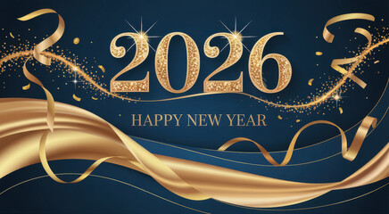 happy new year 2026 new year holiday gold text 3d blue background

