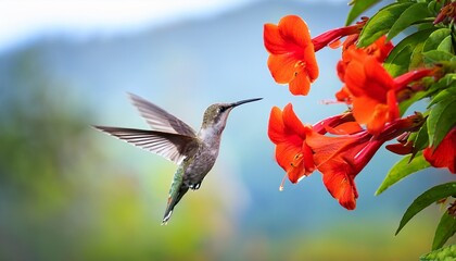 hummingbird hovering near bright red trumpet flowers with green foliage blurred background