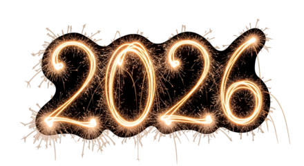 Sparkling golden numbers 2026 written with sparklers on a black background isolated on transparent background