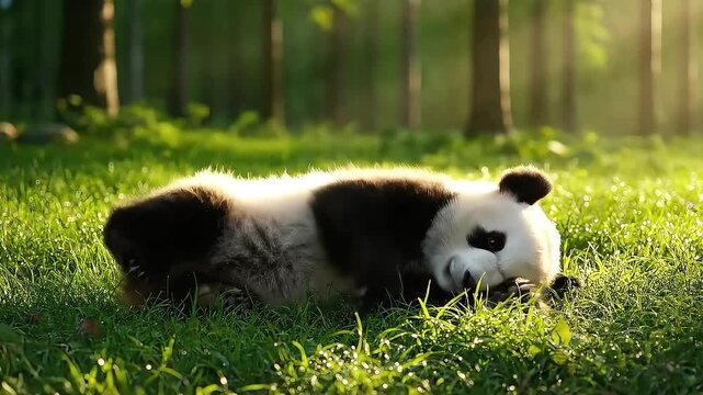 Adorable panda cub rests peacefully in lush green grass bathed in warm sunlight.