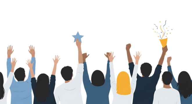 Diverse group of people, celebrating with raised hands holding a star and confetti popper, cutout, PNG isolated on white or transparent background