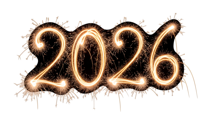 Sparkling golden numbers 2026 written with sparklers on a black background isolated on transparent background