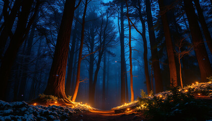 Enchanting winter forest scene with illuminated path and misty atmosphere at night