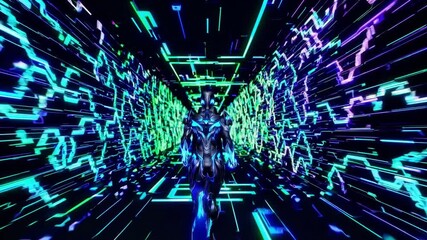 Cyborg sprinting down neon circuitry tunnel, electric lines stretching into deep perspective, dynamic motion blur and binary light patterns, high-tech corridor suggesting data stream and velocity. - Powered by Adobe