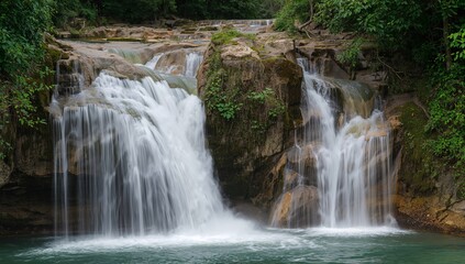 Cascading Serenity. A Vision of Water and Stone in Lush, Verdant Surroundings.