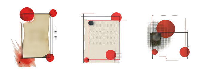 Abstract geometric composition with red circles and lines on a textured paper background