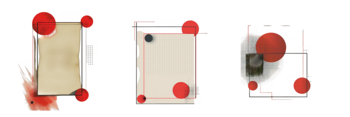 Abstract geometric composition with red circles and lines on a textured paper background