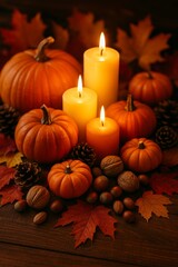 Pumpkins and candles with nuts and autumn leaves still life
