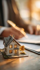 Real Estate Agent Signing Papers with House Model in Focus