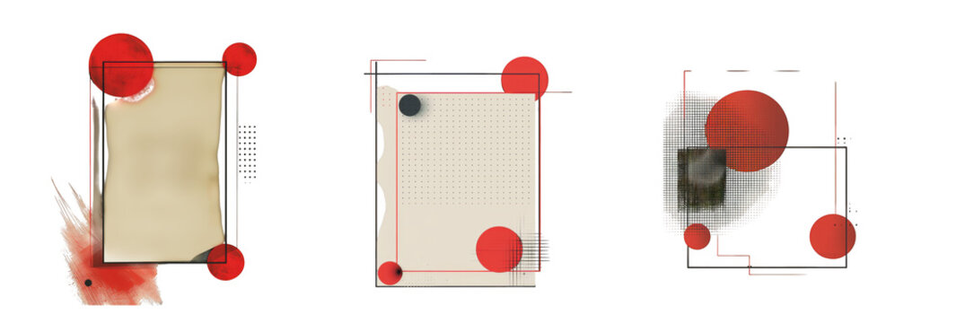 Abstract geometric composition with red circles and lines on a textured paper background