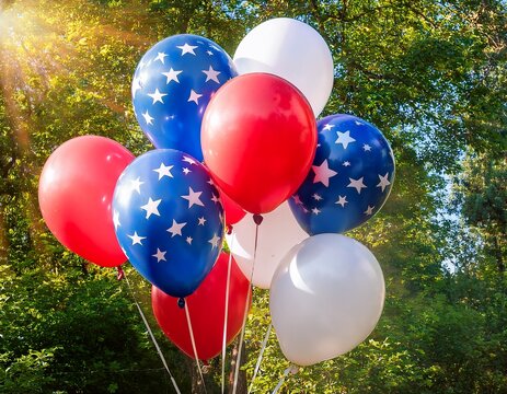 vibrant red white and blue star speckled balloons floating in bright sunlight against blurred green foliage