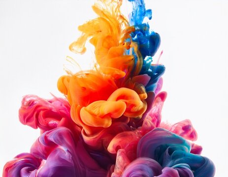 vibrant colorful ink swirls suspended in clear water against white backdrop displaying abstract fluid forms