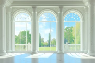 Obraz premium White grand hall with large windows in palace or castle, surrounded by lush greenery
