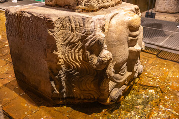 Ancient carved medusa head in underground basilica cistern, istanbul, turkey