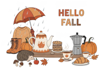 Cozy autumn scene with a sweater, boots, pumpkins, teapot, cookies, coffee, and pastries under a rainy umbrella with hello fall text isolated on transparent background