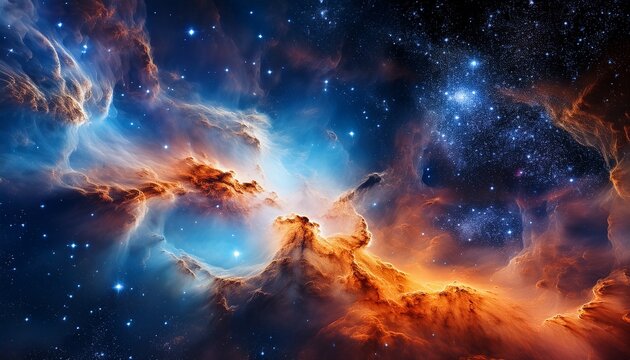 vibrant nebula formation with glowing orange and blue hues illuminated by star clusters against a dark cosmic background