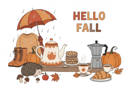 Cozy autumn scene with a sweater, boots, pumpkins, teapot, cookies, coffee, and pastries under a rainy umbrella with hello fall text isolated on transparent background
