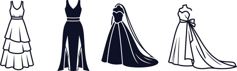 Collection of Dark Blue Dress Silhouettes Featuring Gowns and Bridal Wear on White fashion