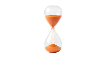 Clear glass hourglass, orange sand flowing through the narrow neck, isolated on white or transparent background, AI