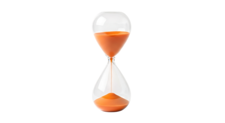 Clear glass hourglass, orange sand flowing through the narrow neck, isolated on white or transparent background, AI