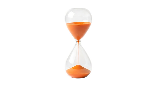 Clear glass hourglass, orange sand flowing through the narrow neck, isolated on white or transparent background, AI - Powered by Adobe