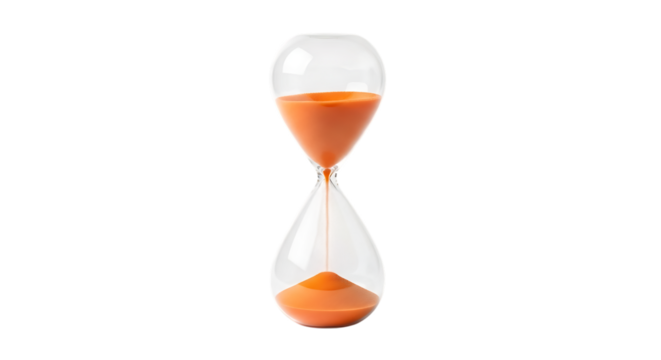 Clear glass hourglass, orange sand flowing through the narrow neck, isolated on white or transparent background, AI