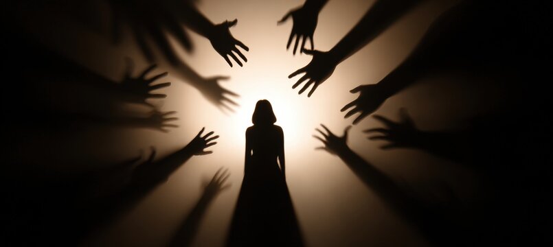 Silhouette of Woman Surrounded by Accusing Hands in Dramatic Backlighting