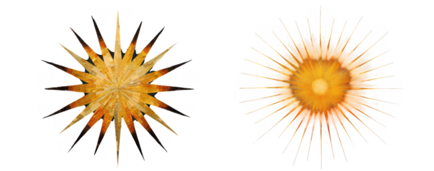 Two abstract representations of a starburst or sea urchin, one sharp and defined, the other soft and blurred