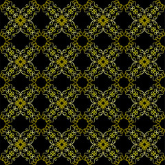 A yellow lace pattern on a black background. Seamless texture for fabric or wallpaper.