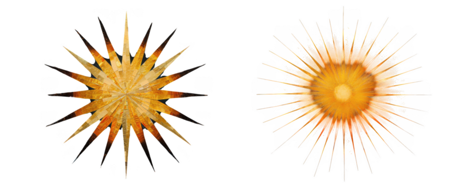Two abstract representations of a starburst or sea urchin, one sharp and defined, the other soft and blurred