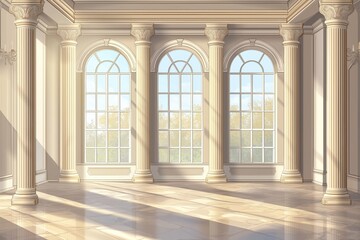 Obraz premium Grand hall with large windows in palace or castle, surrounded by lush greenery